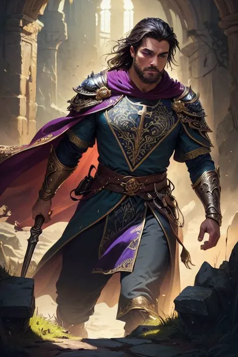 a man in a purple cloak and purple cape holding a sword