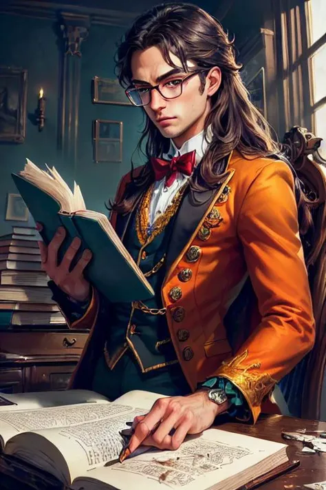 1boy, (nerdy demon) with [golden|red] wilde,messy hair,  BREAK perfect detailed haughty face, glasses, detailed eyes, highly detailed,  glowing yellow eyes, rococo style french suit [gold | red] clothes), medium muscles, chains, BREAK Casting a spell ((  [...