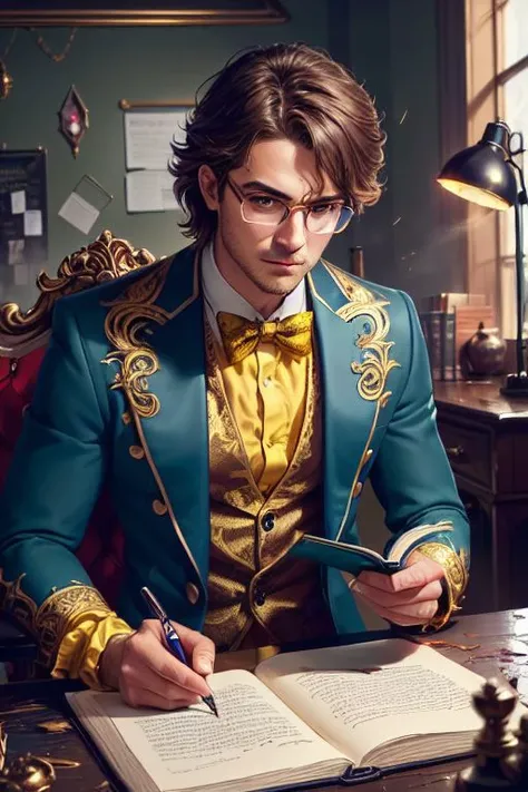 1boy, (nerdy demon king) with [golden|red] wilde,messy hair,  BREAK perfect detailed haughty face, glasses, detailed eyes, highly detailed,  glowing yellow eyes, rococo style french suit [gold | red] clothes), medium muscles, chains, BREAK Casting a spell ...