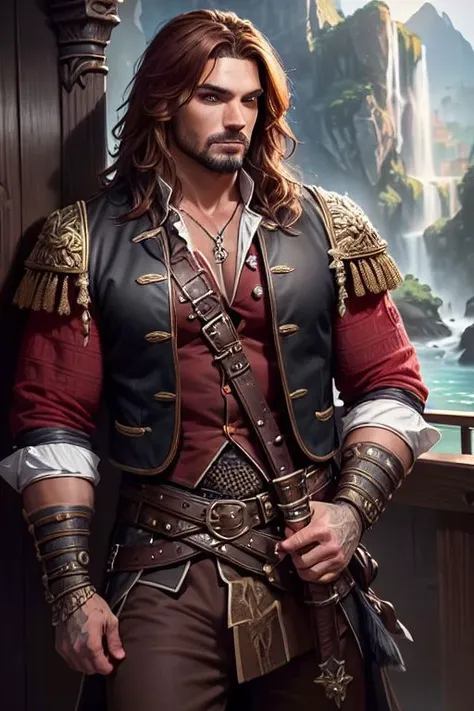 a man in a pirate outfit standing next to a waterfall