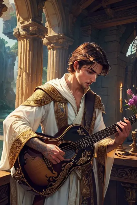 a man in a white robe playing a guitar in a castle