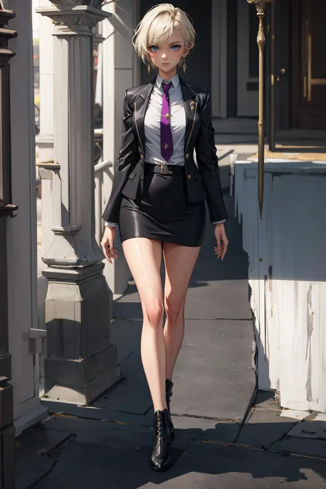 ((masterpiece)), (best quality), official art, extremely detailed CG, unity 8k wallpaper, ultra detailed,
Naje Berca, blonde hair, short hair, blue eyes, jewelry, earrings, medium breasts,
black suit, black pencil skirt, miniskirt, purple neckwear, full bo...