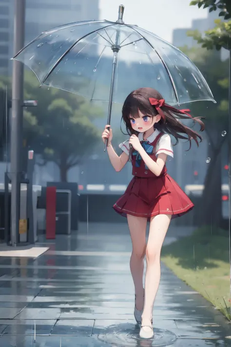 anime girl in a red dress holding an umbrella in the rain