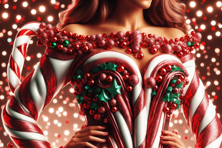 photorealistic depiction of a woman wearing a fancy dress made of EPCandycaneStyle, glitter art, vibrant, urban, detailed, tag, mural, astral, colorful aura, vibrant energy , <lora:EPCandycaneStyle:1>