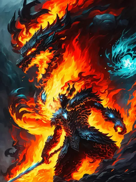 a painting of a demon with a sword and fire