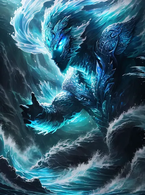 a large blue monster is in the middle of a wave