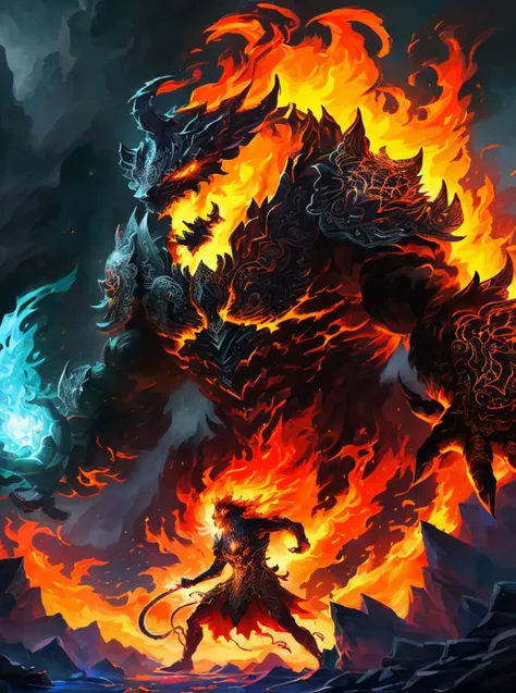 a painting of a demon attacking a demon with fire