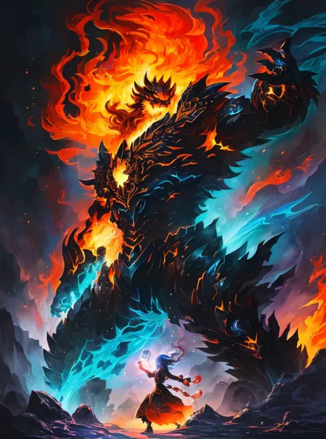 a painting of a man standing in front of a giant monster