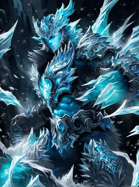 a close up of a blue and white ice monster with ice crystals