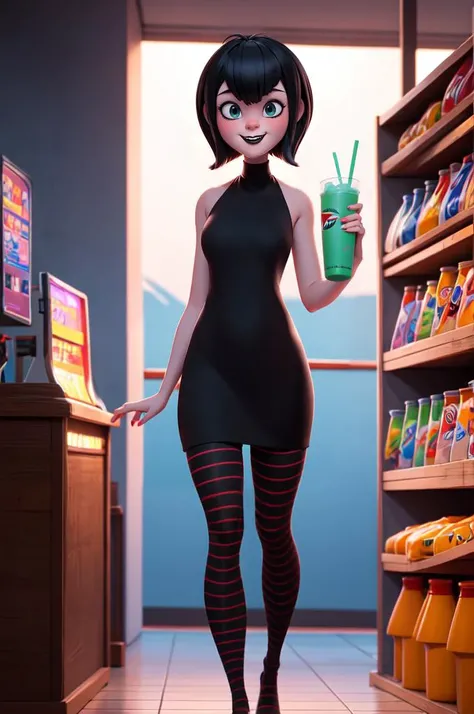 NSFW, 8k,highres, 1girl, 1_tmavis, at a seven eleven, room light, front view, standing, looking at the viewer, black summer dress, smile expression, upper body, sidelit, holding a slurpee, striped stockings, wide eyed surprised look, <lora:mavisv3:0.9>, gr...