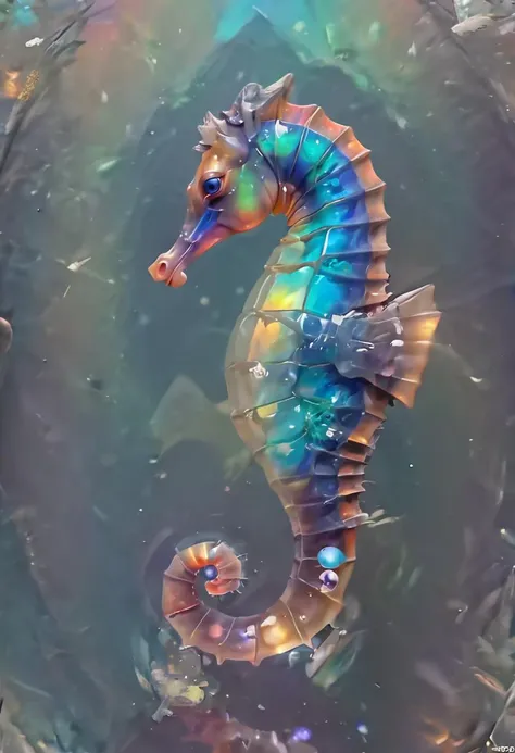 holographic projection of a translucent Seahorse embedded in a piece of crystal with (((bubbles))) and (((impurities))), hologram, depth, optical illusion, <lora:- SDXL - holo_effect_V1.0:1.0>,