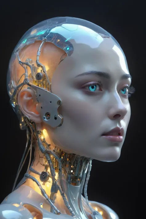 a close up of a woman with a robot head and a light on her face