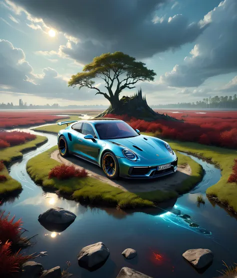 a blue sports car driving on a road near a river