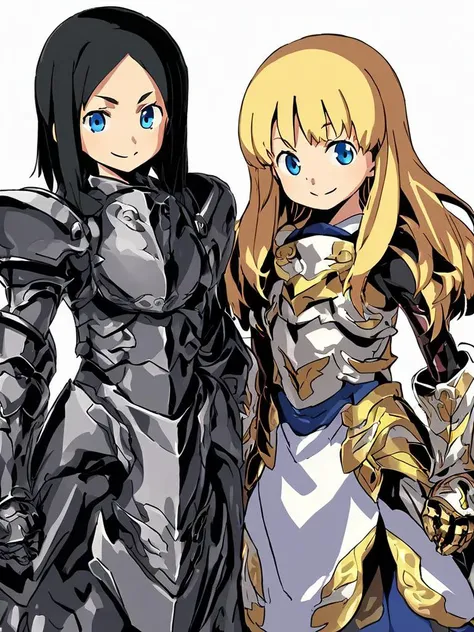 <lora:Himukai-PonyXL-1024px:1>
source_anime, white_background, 
2girls, standing, wearing (armored dress, pauldrons, gauntlets),  long blonde hair, short black hair, blue eyes, smile, looking at viewer