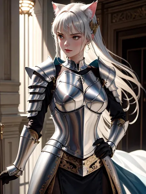 a woman in a silver and black outfit holding a sword