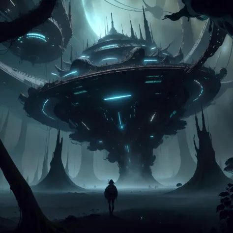 a man standing in front of a futuristic spaceship in a dark forest