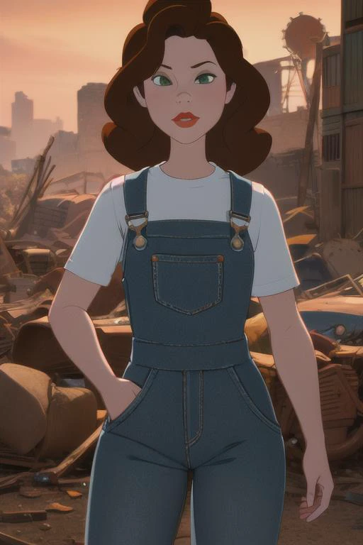 a woman in overalls standing in front of a destroyed building