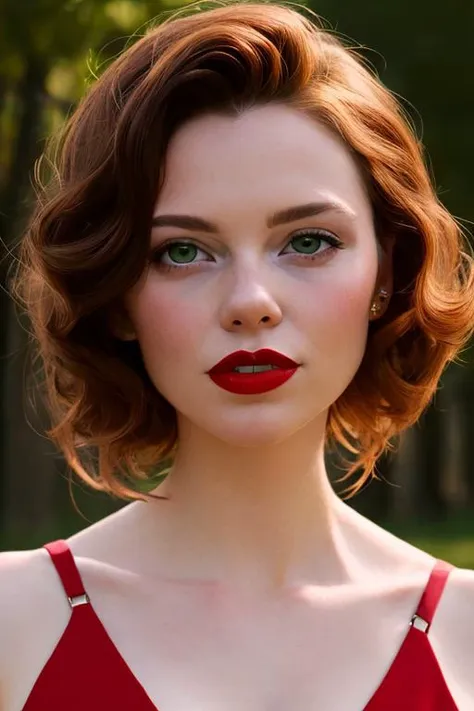 a close up of a woman with a red dress and red lipstick