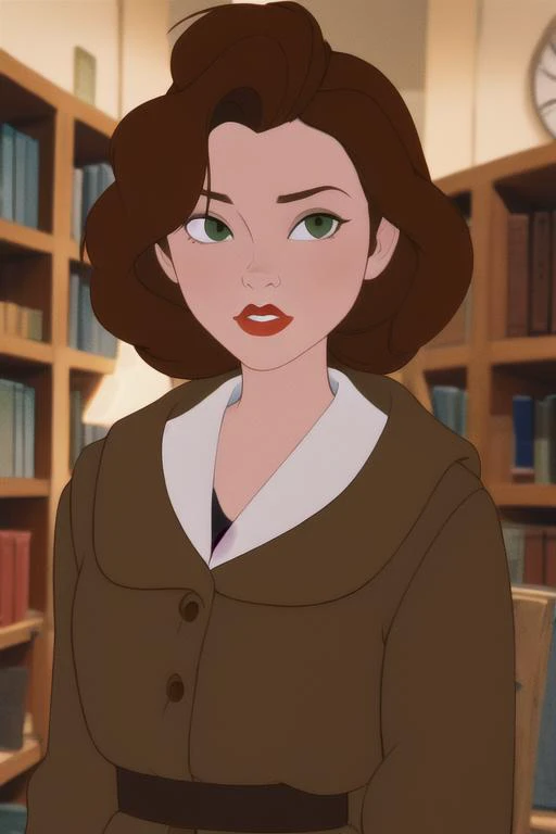 a cartoon of a woman in a library with bookshelves