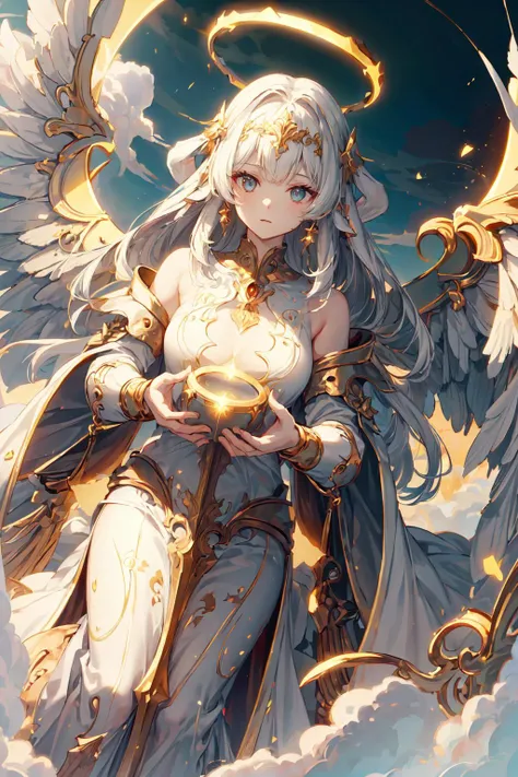 (masterpiece), best quality, high resolution, 1 girl, 1 halo,mythical priestess,giant goddess, big_glowing_wings, golden_energy,long white dress, aura, light_particles:1.5, (heaven:1.5), ((Enlightenment, blessed)), , random_eye_color ,<lora:IvoryGoldAIv2:0...