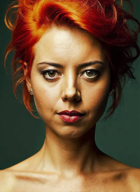 a close up of a woman with red hair and a green background