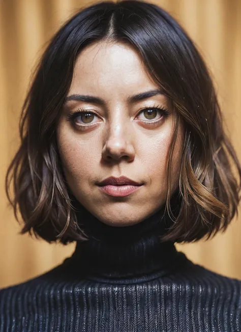 a close up of a woman with a black turtle neck sweater