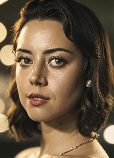 a close up of a woman with a necklace and a necklace on