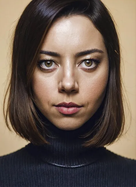 arafed woman with a black turtle neck sweater and a black sweater