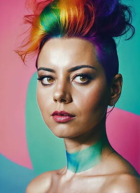 a close up of a woman with a colorful hair and makeup