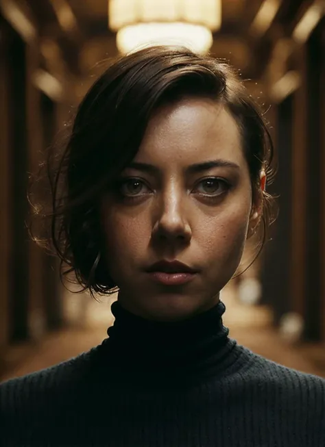 a close up of a woman in a black turtle neck sweater