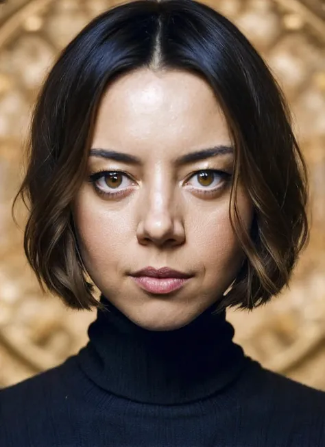 a close up of a woman with a black turtle neck sweater