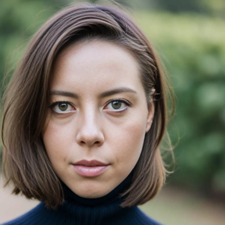 arafed woman with a black turtle neck sweater and a black tie