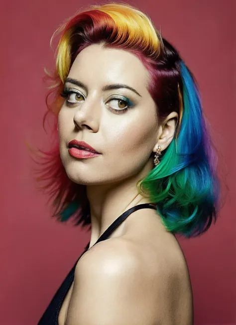 a close up of a woman with a colorful hair and makeup