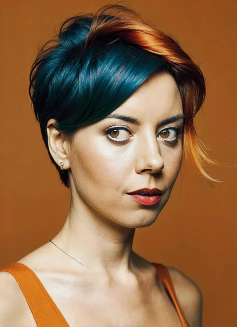 a close up of a woman with a short haircut and a necklace