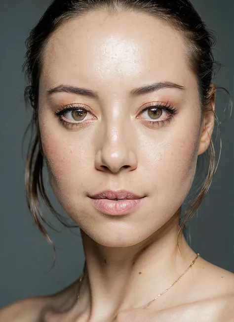 a close up of a woman with a necklace on her neck