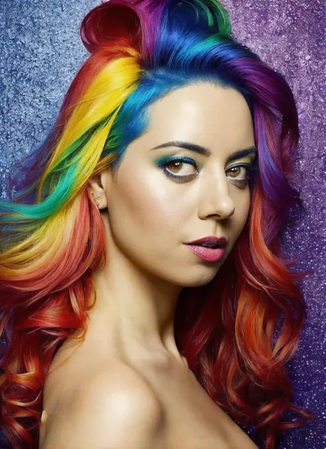 a woman with colorful hair and makeup posing for a picture