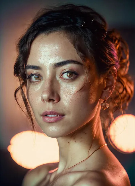 a close up of a woman with a messy bun in her hair