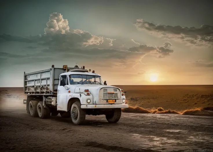 there is a truck that is driving down the dirt road