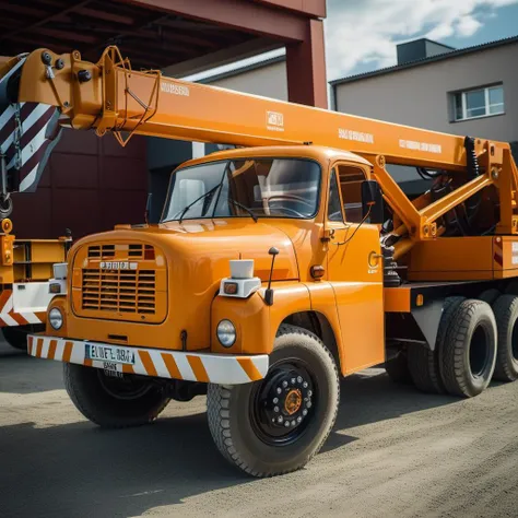 there is a large orange truck parked in front of a building