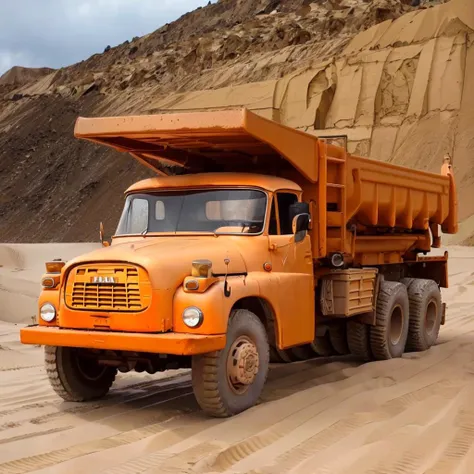 there is a large orange dump truck driving down a dirt road