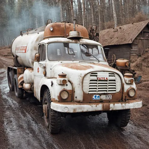 there is a rusted truck driving down a muddy road