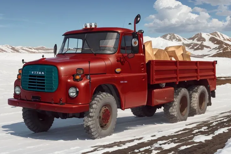 there is a red truck driving down a snowy road