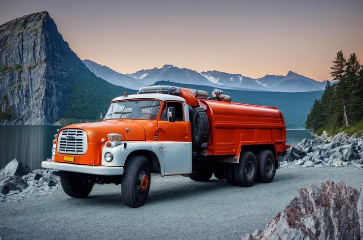 there is a large orange truck driving down a road near a mountain