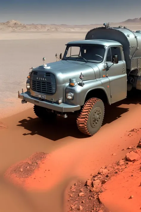 there is a truck that is driving in the desert