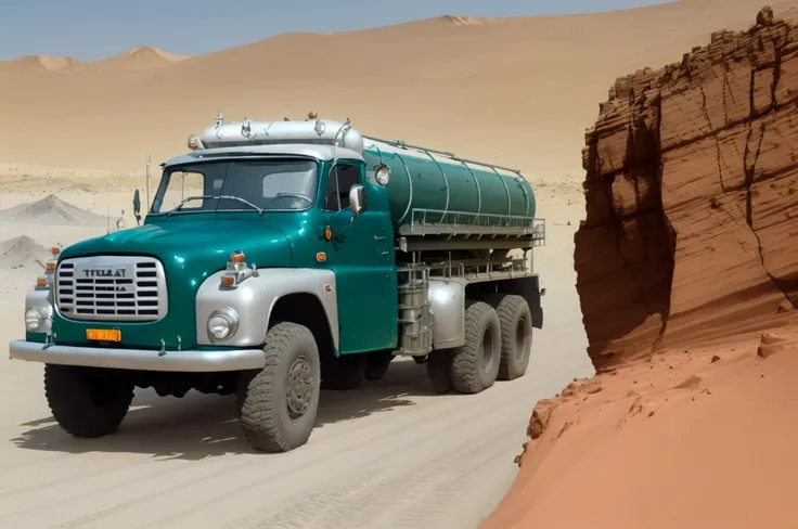 there is a green truck driving through the desert with a rock in the background