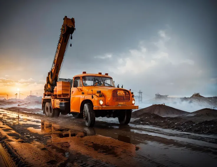 raw, orange tatra148 cranetruck, cyberpunk city construction site siberia, dark, winter, snow, mud, epic, absurdres, cinematic, dynamic view angle, volumetric lights, mist, cinematic, dutch angle, dust, volumetric lights, wet road after rain, mist, sunset,...