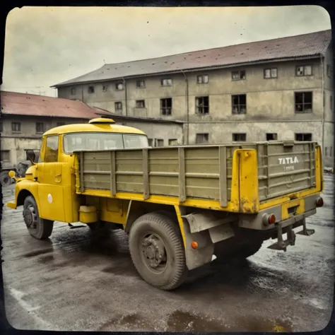 there is a yellow truck parked in front of a building