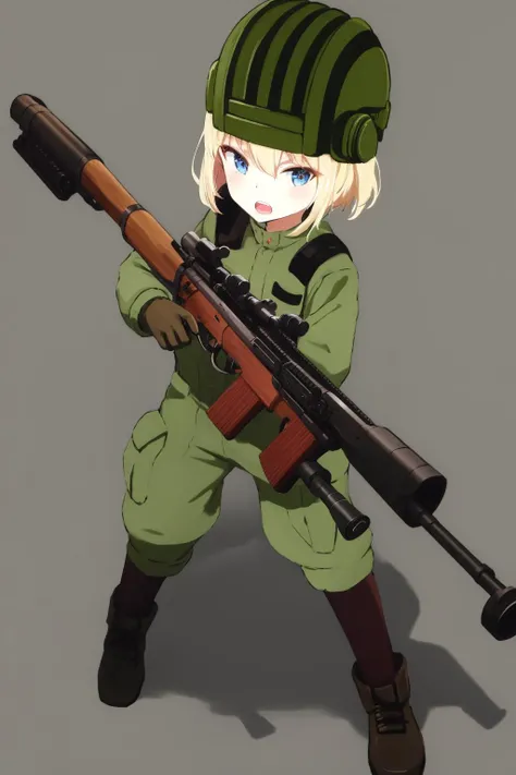 masterpiece, highest quality, best quality, 1girl, solo, looking at viewer, 
katyusha, black footwear, black gloves, black headwear, blonde hair, blue eyes, dragunov svd, girls und panzer, gloves, green jumpsuit, gun, helmet, holding, holding gun, holding ...