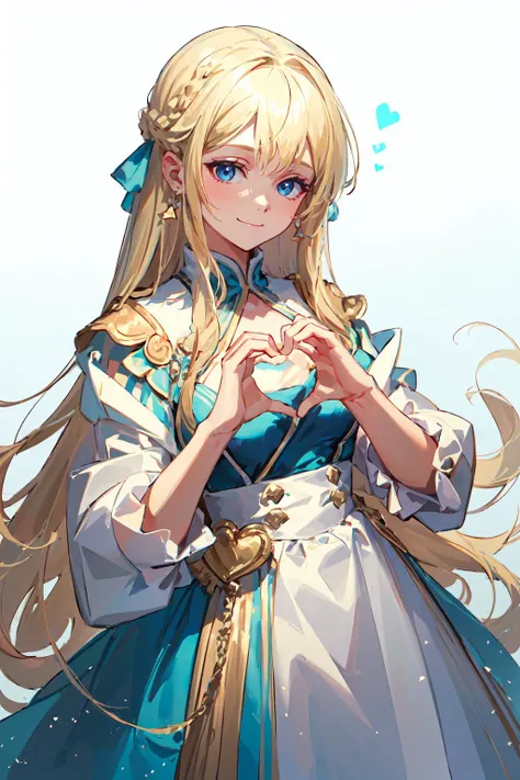 <lora:heart-hands:0.9> heart hands, own hands together,, ultra detailed, masterpiece, best quality, aesthetic, detailed,, solo, soft smile, light smile,
1girl, blue eyes, very long hair, blonde hair, long blonde hair, french braid, bangs, medium breasts,