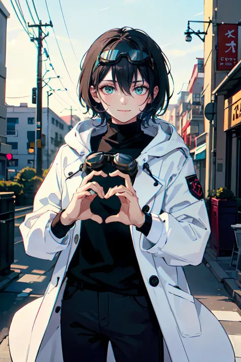 <lora:heart-hands:0.9> heart hands, own hands together,, ultra detailed, masterpiece, best quality, aesthetic, detailed,, ultra detailed, masterpiece, best quality, solo, smile, 1boy, green eyes, short hair, black hair, bangs, hair between eyes, messy hair...